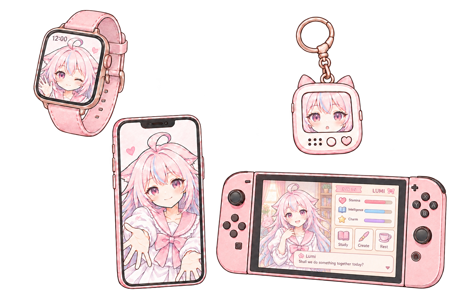 Lumi across a smartwatch, AI charm, smartphone and handheld character-raising game.